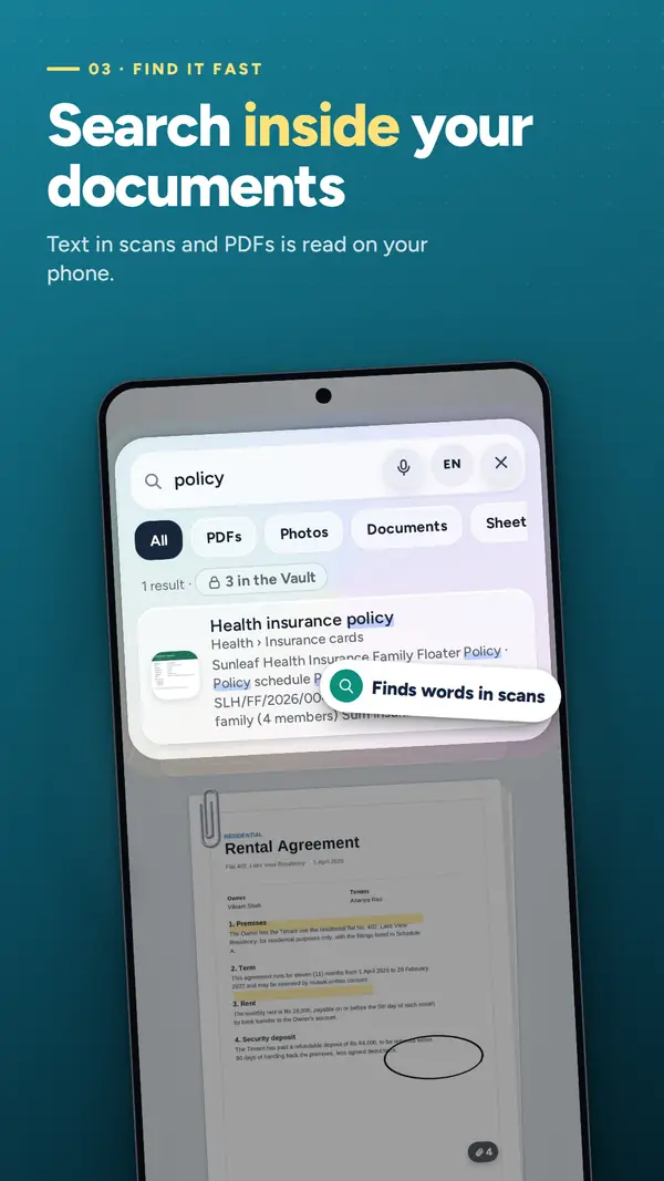 Searching the word policy finds it inside a scanned health insurance document